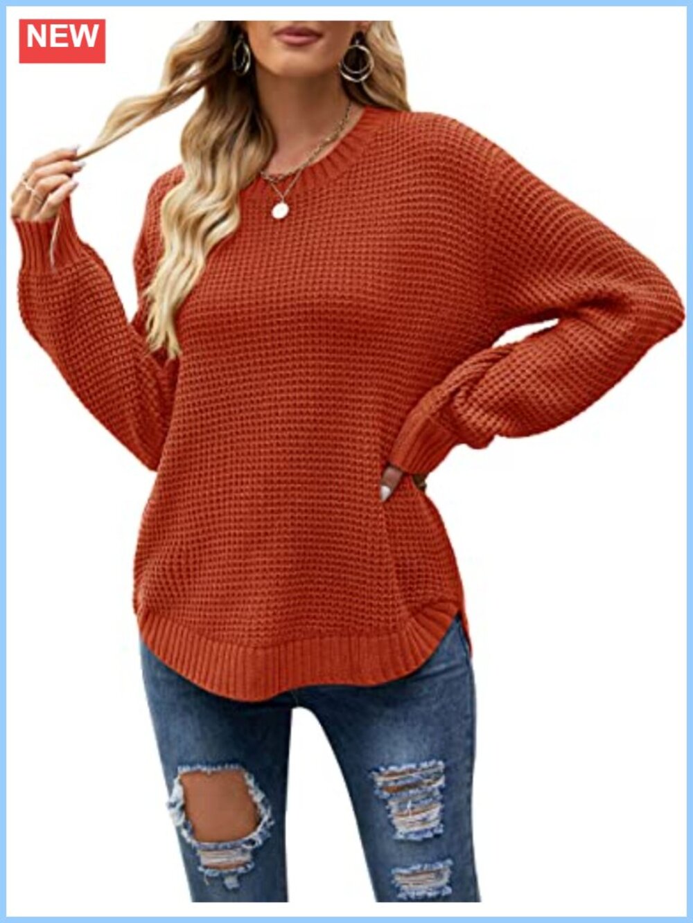Waffle Knit Oversized Sweater Long Lantern Sleeve Crew Neck Pullover